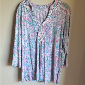 Lilly Pulitzer Pink & Blue Floral V-Neck 3/4 Long Sleeve Tee
